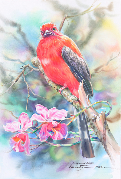 Realistic Watercolor Painting of Red-Headed Trogon Bird