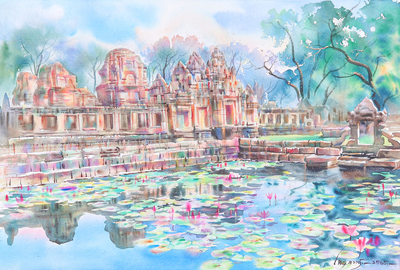 Thai Temple Khmer Castle Impressionist Watercolor Painting
