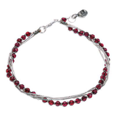 Red-Toned Natural Garnet and Silver Beaded Charm Bracelet