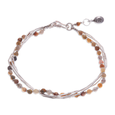 Warm-Toned Natural Jasper and Silver Beaded Charm Bracelet