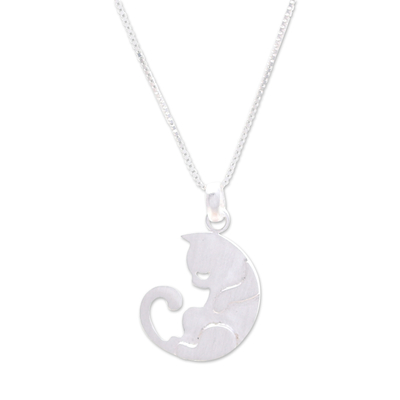 925 Silver Cat Pendant Necklace with Brushed-Satin Finish