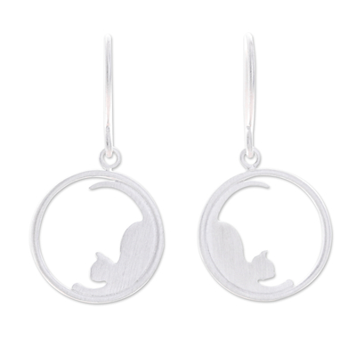 925 Silver Cat Dangle Earrings with Brushed-Satin Finish