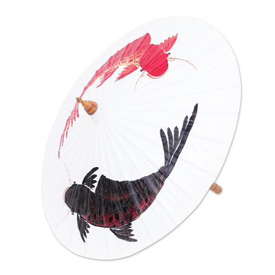 Hand-Painted Cotton and Bamboo Thai Parasol with Fish Motif