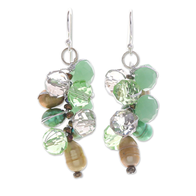 Clear Glass Beaded Cluster Dangle Earrings with Green Pearls