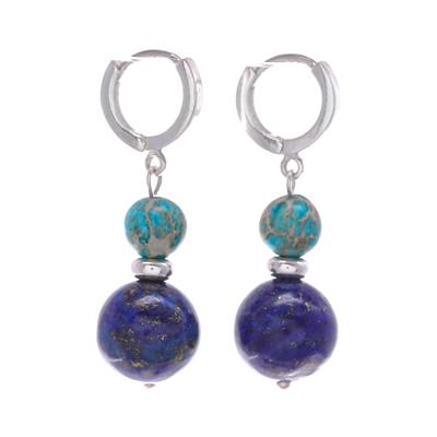 Sterling Silver Hoop Earrings with Lapis Lazuli & Turquoise