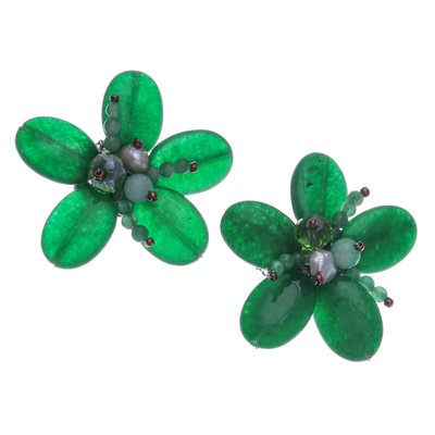 Floral Quartz and Cultured Pearl Clip-On Earrings in Green