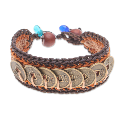 Warm-Toned Beaded Wristband Bracelet with Brass Coins