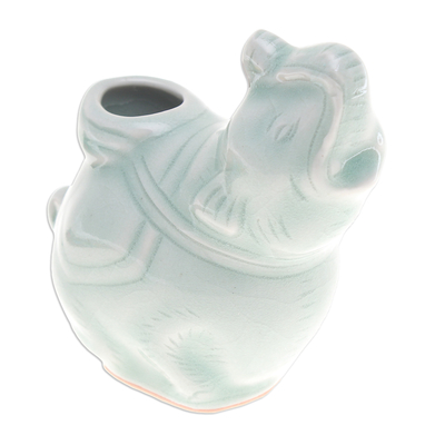 Celadon Ceramic Vase of Elephant with Trunk Up from Thailand