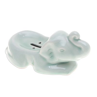 Handcrafted Celadon Ceramic Elephant Soap Dish in Green