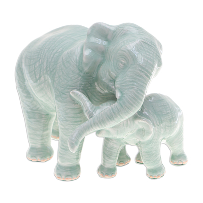 Handcrafted Celadon Ceramic Elephant Father and Son Figurine