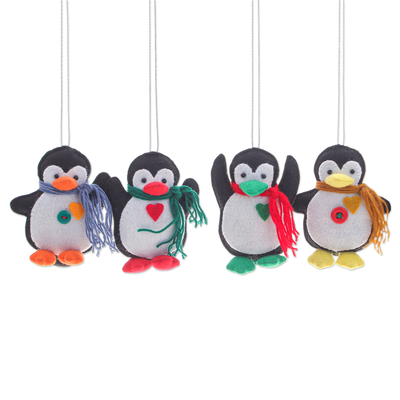 Set of Four Colorful Felt and Acrylic Penguin Ornaments