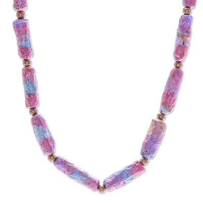 Eco-Friendly Pink Recycled Paper and Brass Beaded Necklace