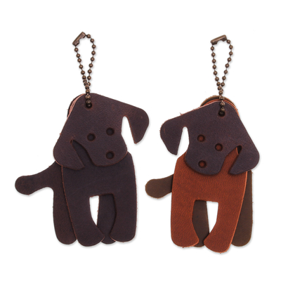 Set of Two Dog-Themed Leather Keychains in Brown Hues