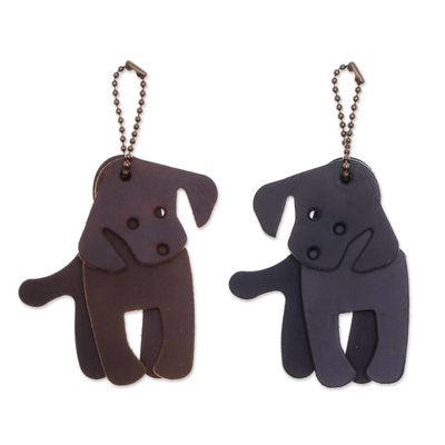 Set of Two Dog-Themed Leather Keychains in Dark Hues