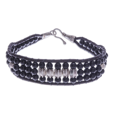Black Agate Beaded Wristband Bracelet with Silver Accents