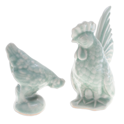 2 Handcrafted Green Celadon Ceramic Rooster & Hen Figurines