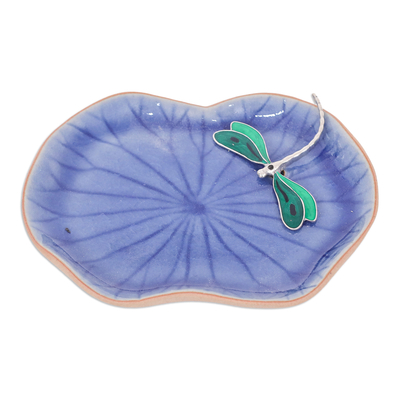 Handcrafted Blue Dragonfly-Themed Celadon Ceramic Catchall