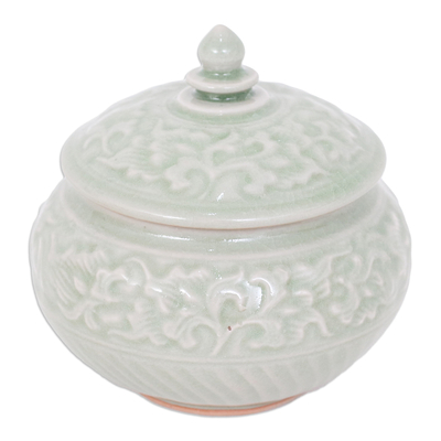 Thai Celadon Ceramic Decorative Leaf-Themed Jar in Green