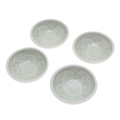 4 Green Celadon Ceramic Elephant Themed Appetizer Bowls
