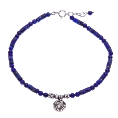 Natural Lapis Lazuli Beaded Anklet with Silver Charm