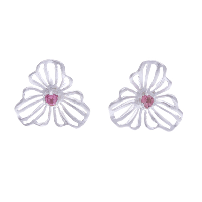 Floral Sterling Silver Button Earrings with Tourmaline Gems
