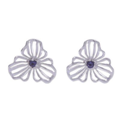 Floral Openwork Sterling Silver Iolite Button Earrings