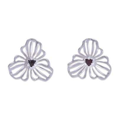 Floral Openwork Sterling Silver Garnet Button Earrings