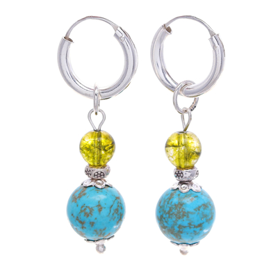 Silver Hoop Earrings with Reconstituted Turquoise & Quartz