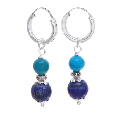 Silver Lapis Lazuli & Reconstituted Turquoise Hoop Earrings