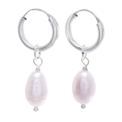 Polished Sterling Silver Hoop Earrings with Cultured Pearls