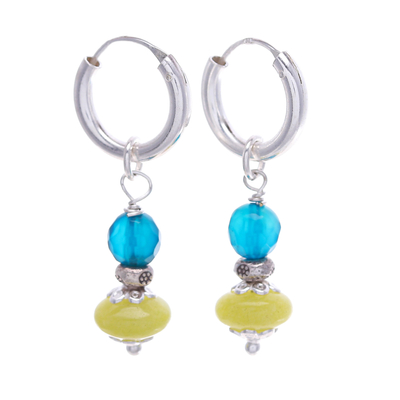 Sterling Silver Hoop Earrings with Agate & Chalcedony Stones