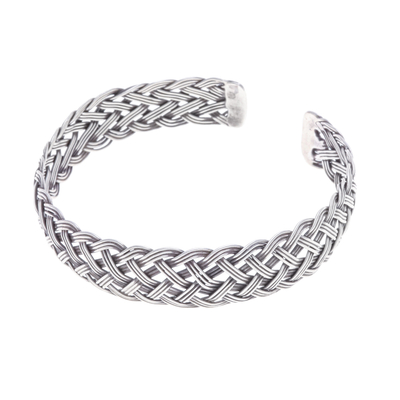 Silver Cuff Bracelet with Polished Basketweave Pattern