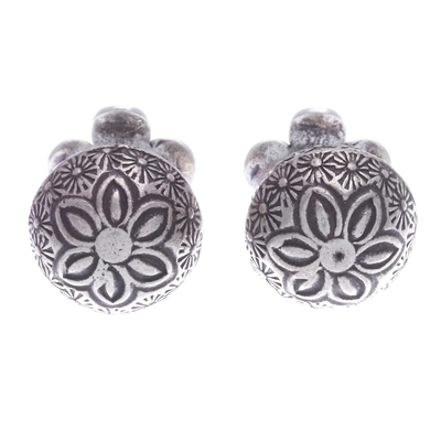 Floral Traditional Silver Button Earrings from Thailand
