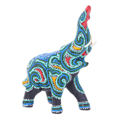 Thai Elephant Figurine Hand-Painted in Black Blue and Aqua