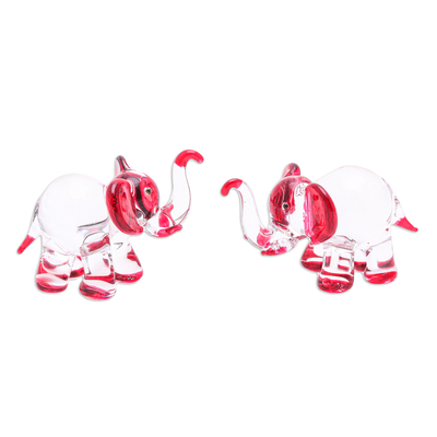 Set of 2 Elephant-Themed Handblown Glass Figurines in Red