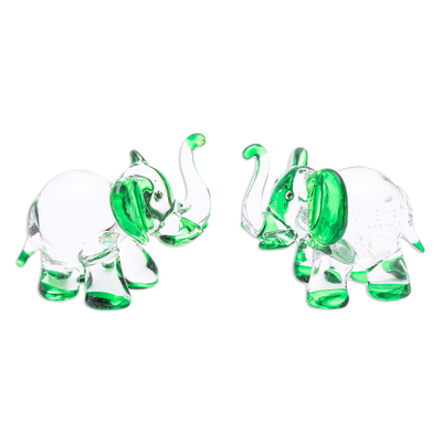 Set of 2 Elephant-Themed Handblown Glass Figurines in Green