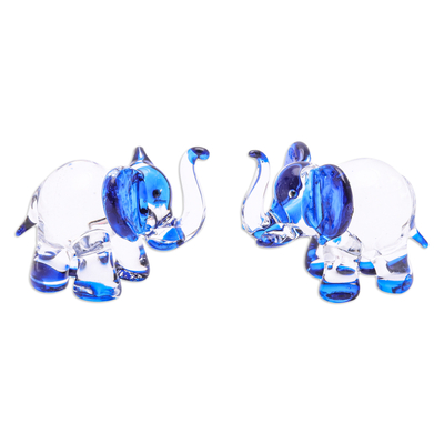Set of 2 Elephant-Themed Handblown Glass Figurines in Blue