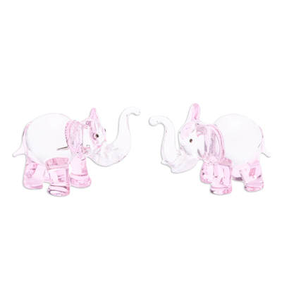 Pair of Pink-Toned Handblown Glass Elephant Figurines