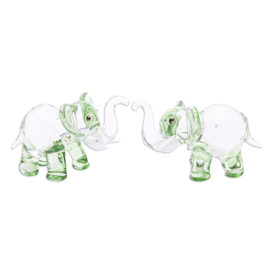 Pair of Green-Toned Handblown Glass Elephant Figurines