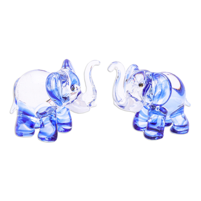 Pair of Blue-Toned Handblown Glass Elephant Figurines