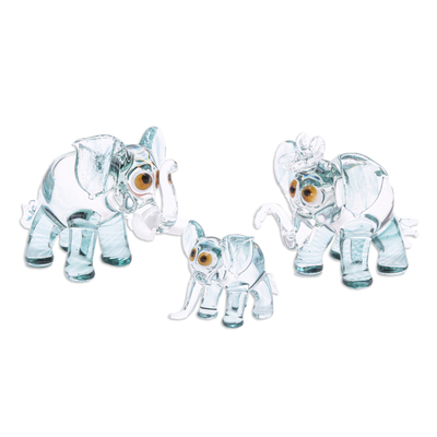 Set of 3 Handblown Elephant Family Glass Figurines in Green