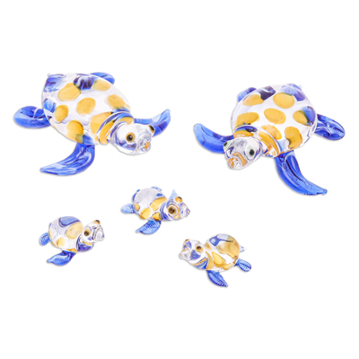 Set of 5 Handmade Glass Turtle Figurines in Blue and Yellow