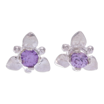 Flower-Themed Polished Faceted Amethyst Stud Earrings