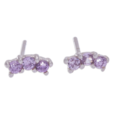 Polished Sterling Silver Stud Earrings with Amethyst Gems