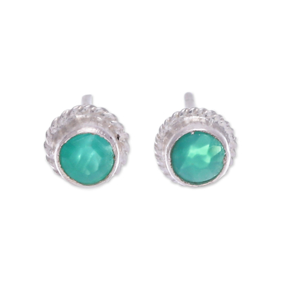 Sterling Silver Stud Earrings with Round Chalcedony Gems