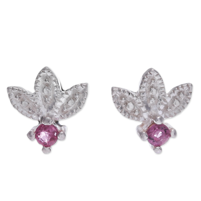 Floral Sterling Silver Stud Earrings with Ruby Jewels