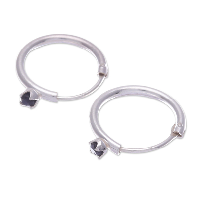 Polished Sterling Silver Hoop Earrings with Sapphire Gems