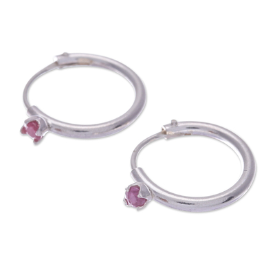 Polished Sterling Silver Hoop Earrings with Ruby Gems