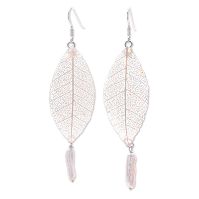 Cultured Pearl and Natural Leaf Dangle Earrings in White