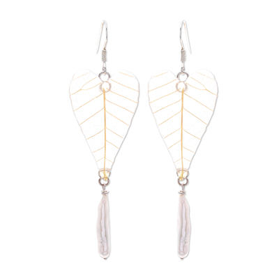 Cultured Pearl & Natural Leaf Dangle Earrings from Thailand